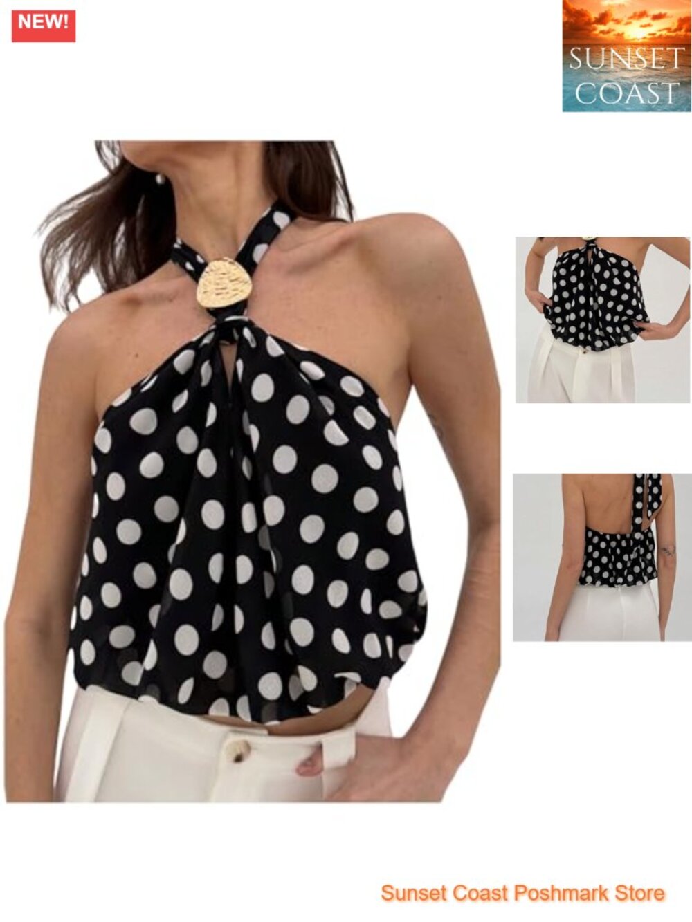 Polka Dot Halter Crop Top Tie Backless Sleeveless Going Out Top